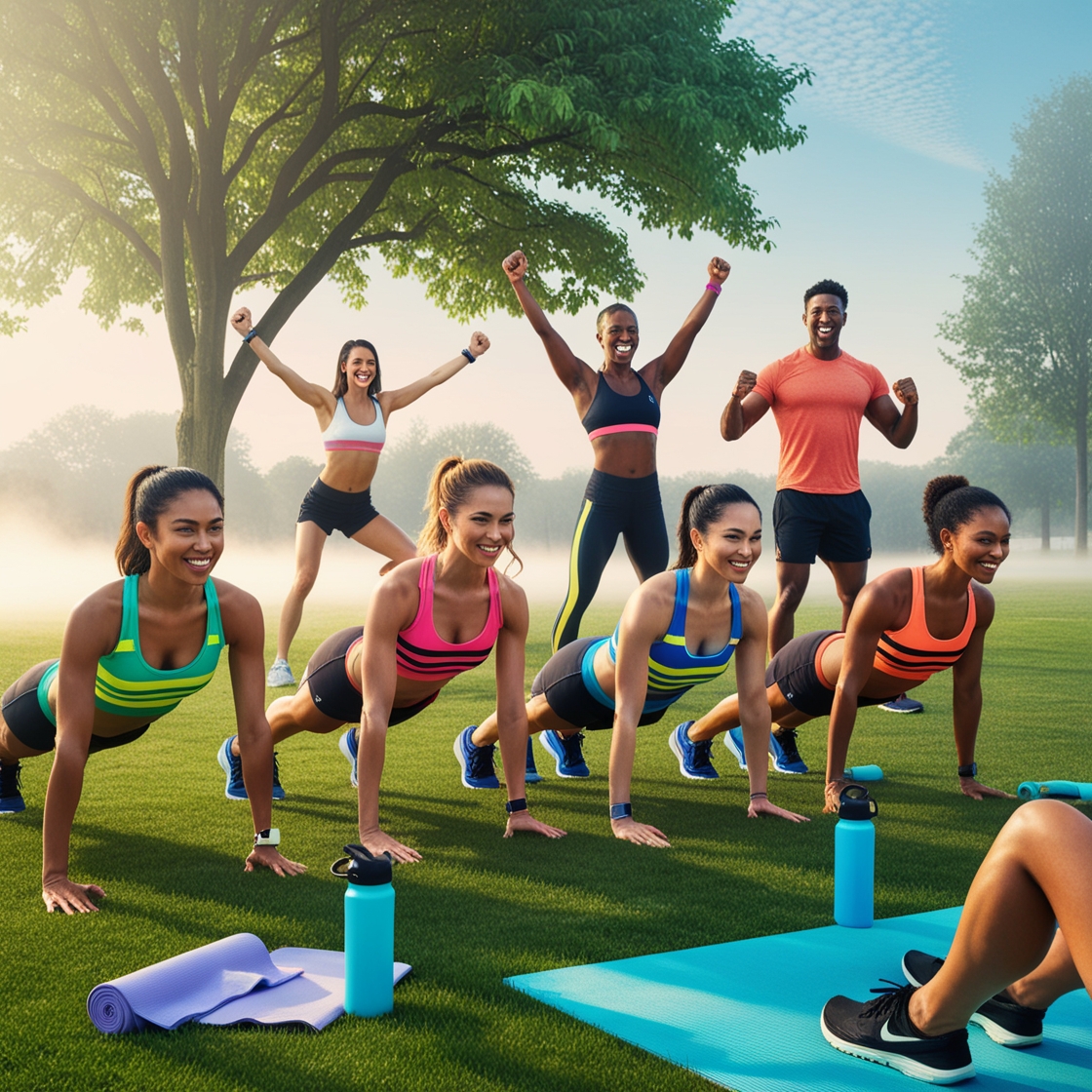 A group of people engaging in different exercises in an outdoor setting—one person lifting weights, another doing yoga, while others are running and cycling in the background. The image should evoke a sense of energy and community.