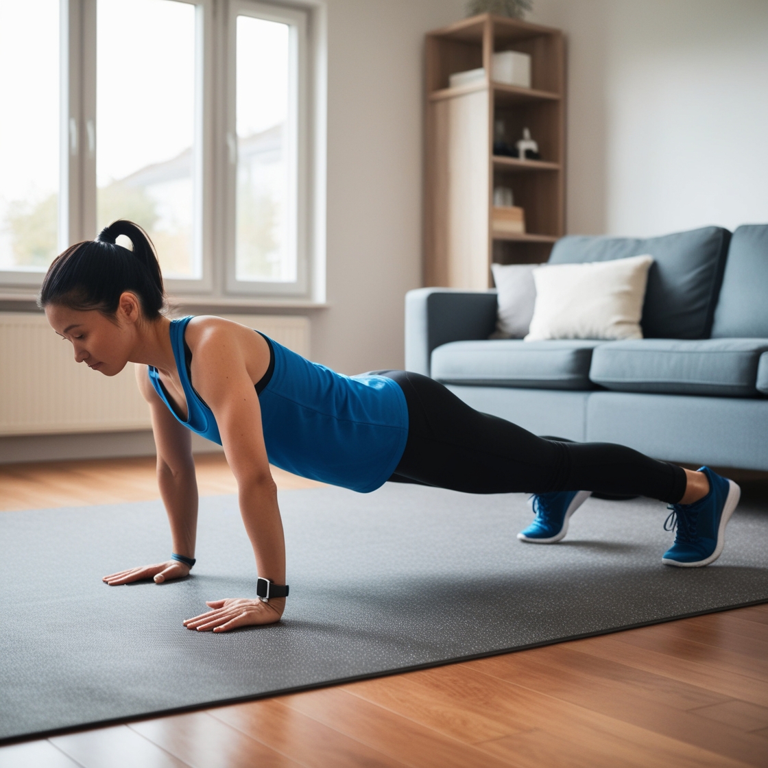 A person doing a plank in a living room, showcasing the convenience of at-home micro-workouts.