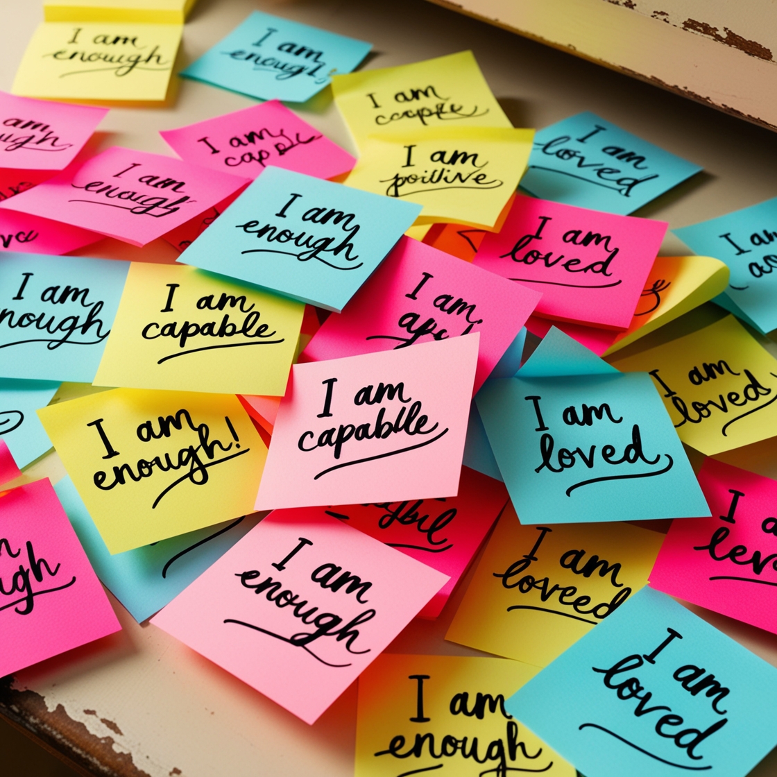 A close-up of colorful sticky notes on a desk, each with a different positive affirmation written on it, such as "I am strong" or "I am worthy."