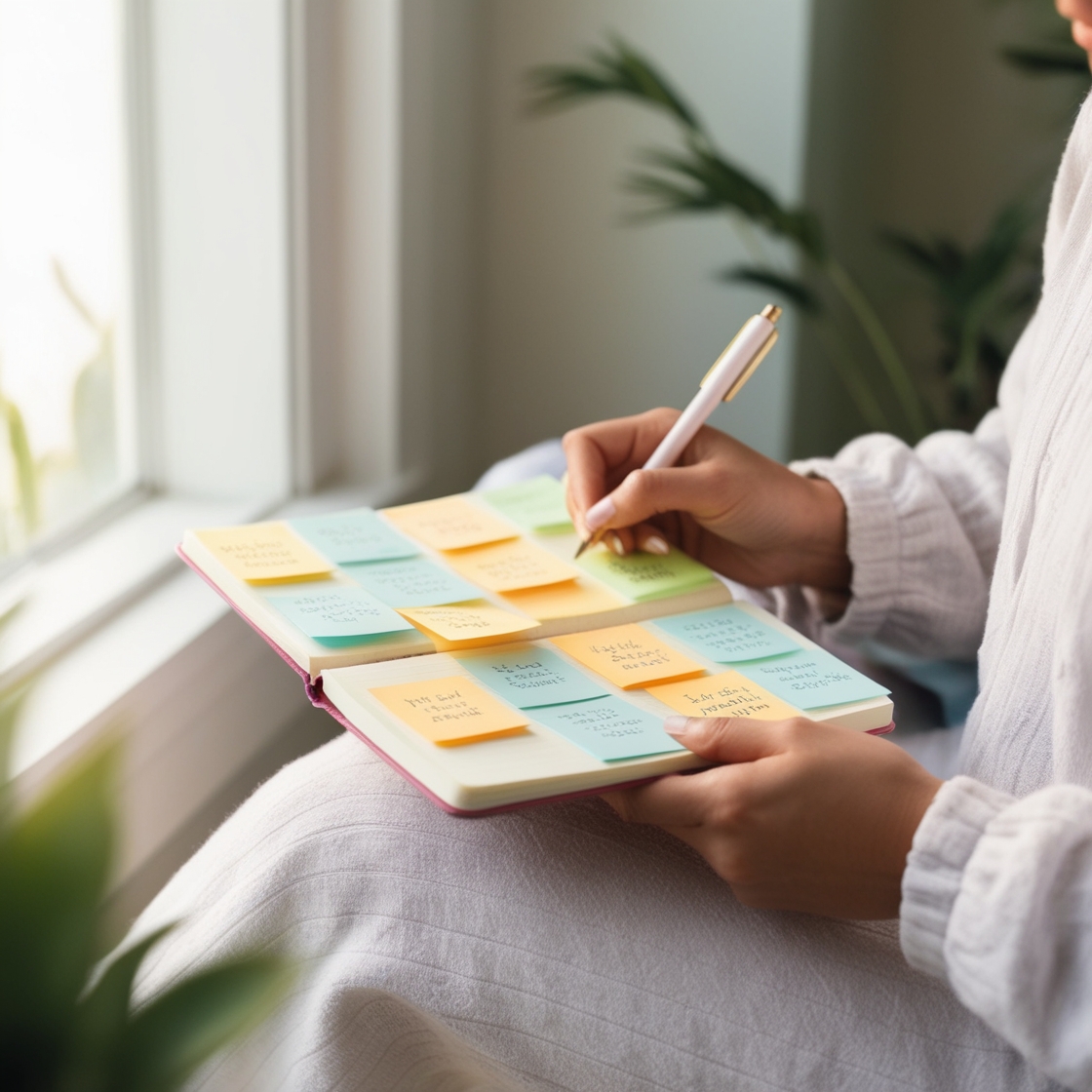 A person sitting in a peaceful environment, holding a journal with positive affirmations, symbolizing the practice of using affirmations for mental well-being.