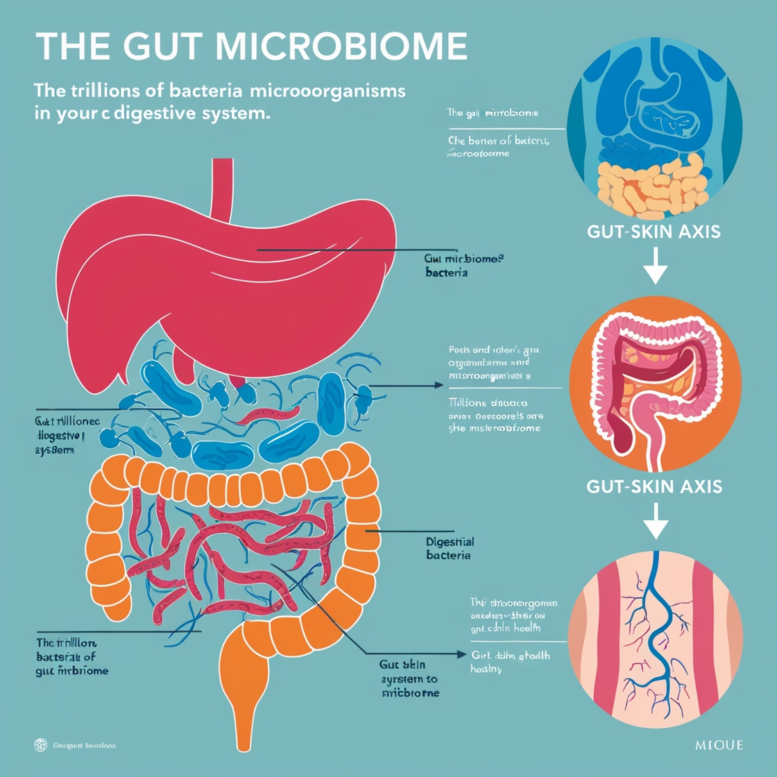 Gut Microbiome Illustration: Illustration of the gut microbiome, showing the connection between gut health and skin wellness through the gut-skin axis.