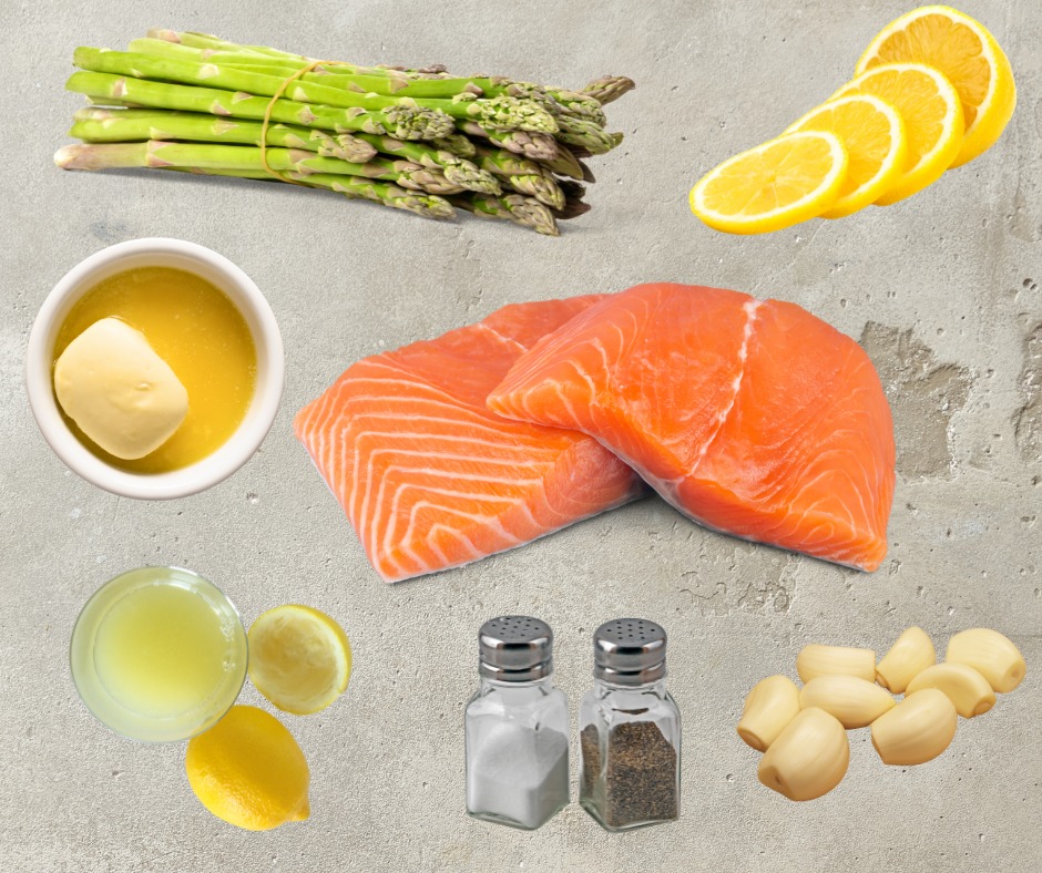 A flat lay image of all the ingredients used in the recipe, including salmon fillets, asparagus, garlic, butter, lemon, and seasonings. This helps readers visualize what they need to prepare the dish.