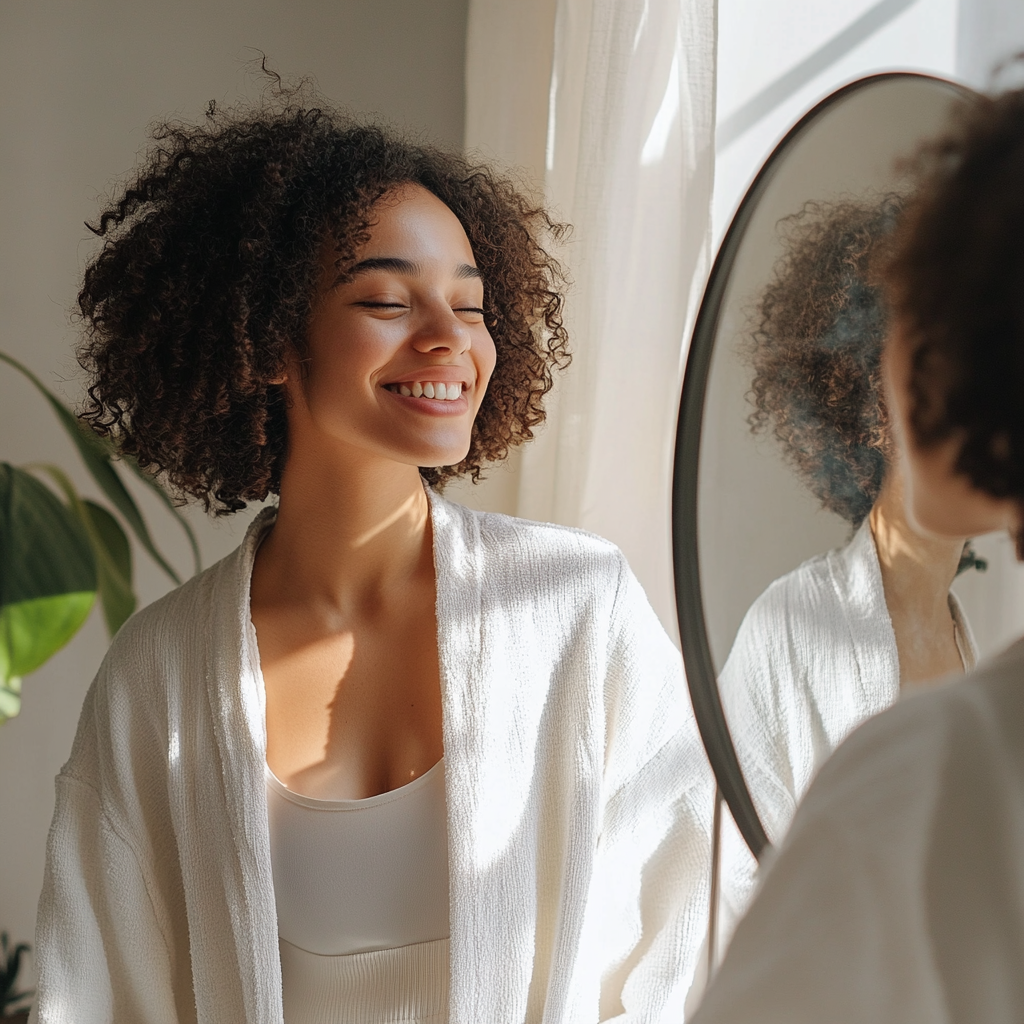 A person standing in front of a mirror, smiling and repeating positive affirmations to themselves, with a calm and bright morning backdrop.