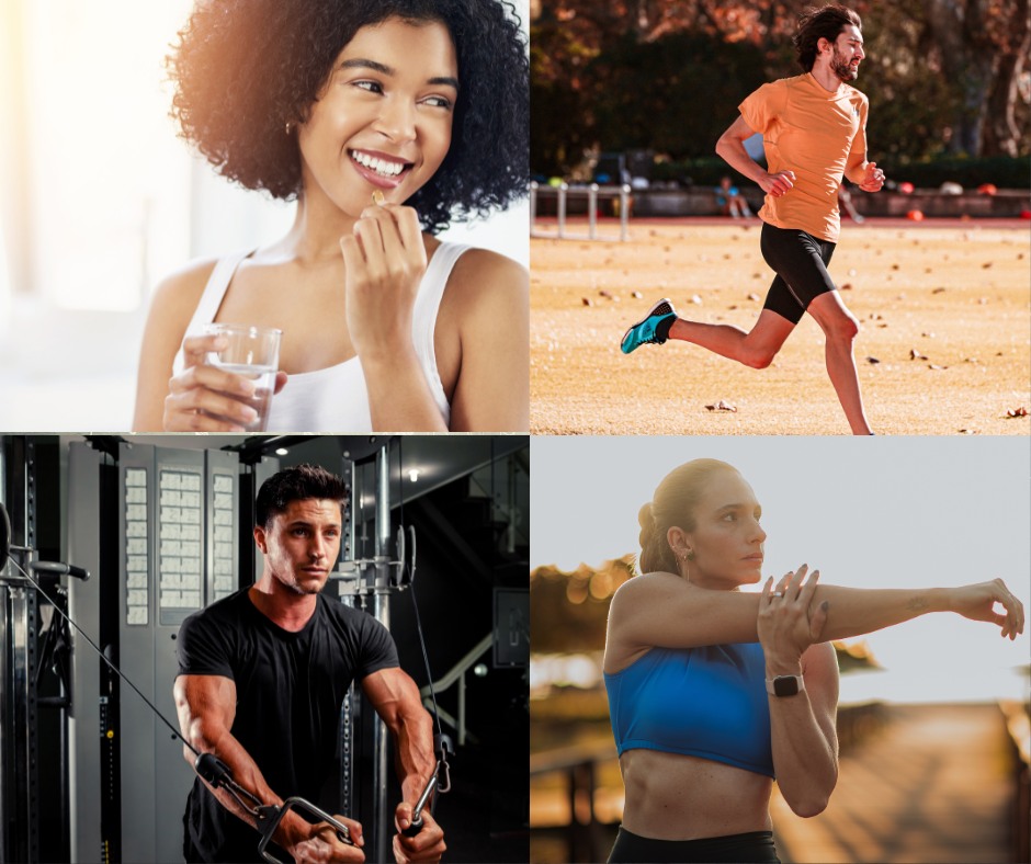 A series of images or a collage featuring simple physical activities, like stretching, drinking water, or a person taking a short walk, emphasizing the ease and accessibility of these habits.