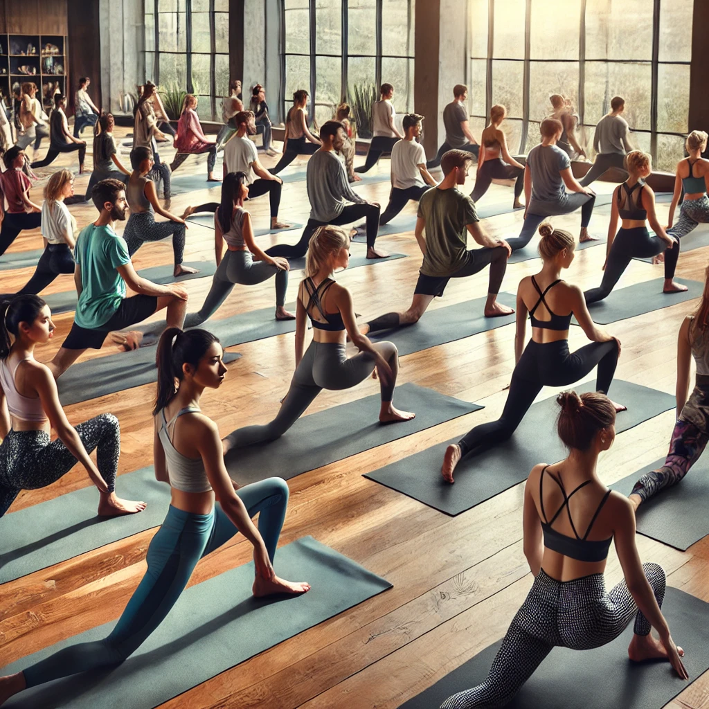  Diverse group of people practicing yoga in a studio, focusing on physical exercise without spiritual elements.