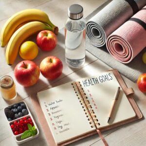 "Healthy lifestyle essentials including a water bottle, fresh fruits, a yoga mat, and a notebook with health goals."