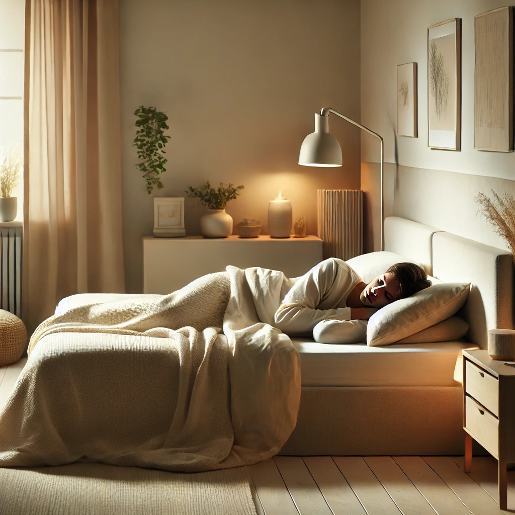 A peaceful scene of a person sleeping quietly in a serene, well-organized room. The person is lying on a neatly made bed with soft, light-colored bedd