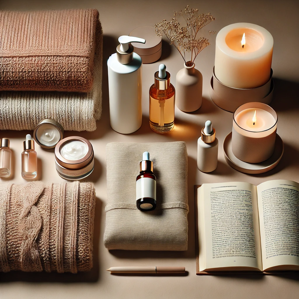 A realistic flat lay image of self-care essentials arranged neatly, representing a calming evening routine. The setup includes skincare products like Evening self-care routine essentials for relaxation and winding down before bed."