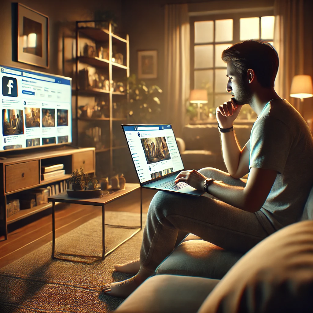 An images of a person browsing social media in a cozy living room setting. Let me know if you'd like any adjustments!