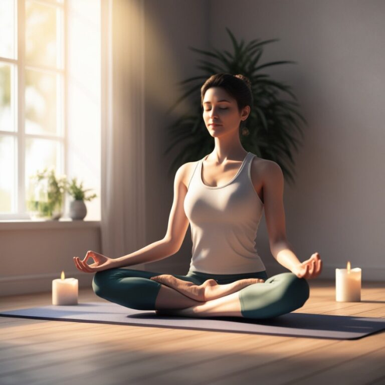 "Person practicing mindfulness meditation in a calm indoor space with sunlight and peaceful surroundings."