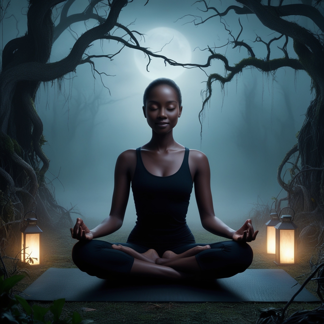 A person with serene facial features, smooth dark brown skin, and a tranquil expression sits cross-legged on a black yoga mat, hands resting on knees, practicing meditation amidst an eerie, ominous atmosphere in a dark, misty forest at dawn or dusk, surrounded by twisted, gnarled tree branches and overgrown vegetation, with faint, flickering lanterns or candles casting an unsettling glow, the soft, diffused light highlighting the subject's peaceful, introspective state, the overall mood a subtle blend of tranquility and foreboding, with shades of deep indigo, mossy green, and misty grey dominating the color palette, the composition balanced, with the meditating figure placed centrally, surrounded by the haunting, mystical environment.