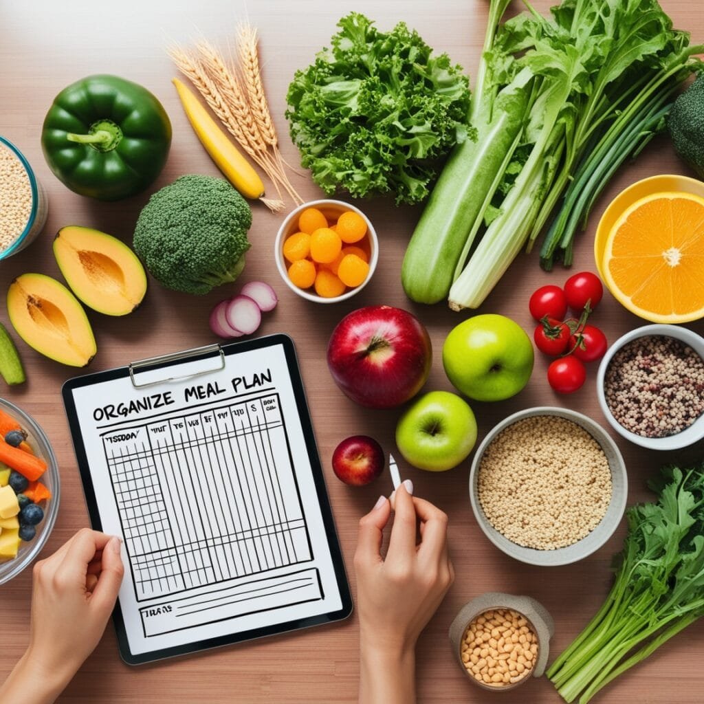 Top-down view of healthy food ingredients like vegetables, fruits, and grains next to a meal plan on a notepad, representing creating a meal plan for optimal health.