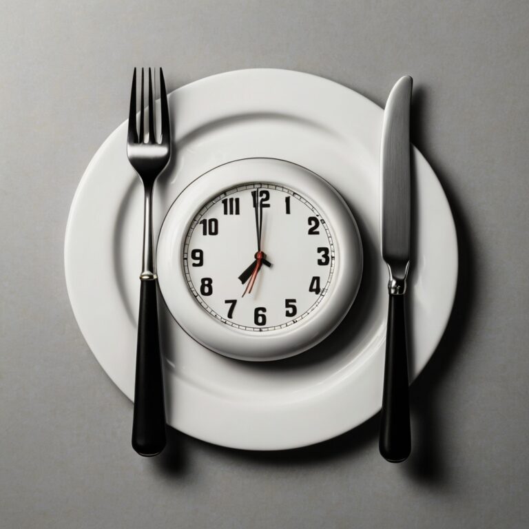 "Intermittent fasting concept with a clock and utensils representing time-restricted eating."