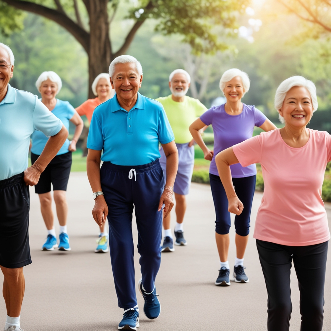 "Seniors performing low-impact exercises in a park to stay active and healthy."
