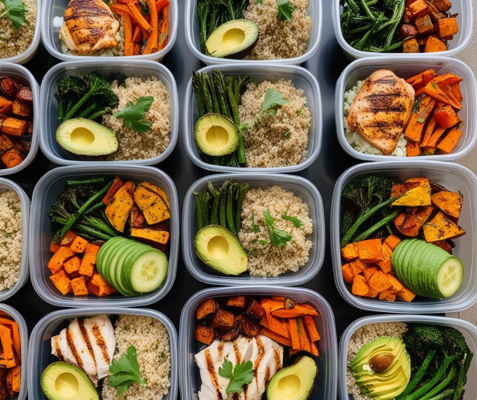 Meal prep containers filled with balanced, healthy meals for a fat-loss meal plan, including chicken, quinoa, and vegetables.