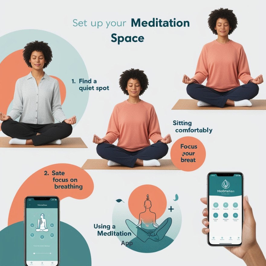 "Step-by-step guide on starting mindfulness meditation, showing how to find a quiet space, sit comfortably, and focus on breathing."