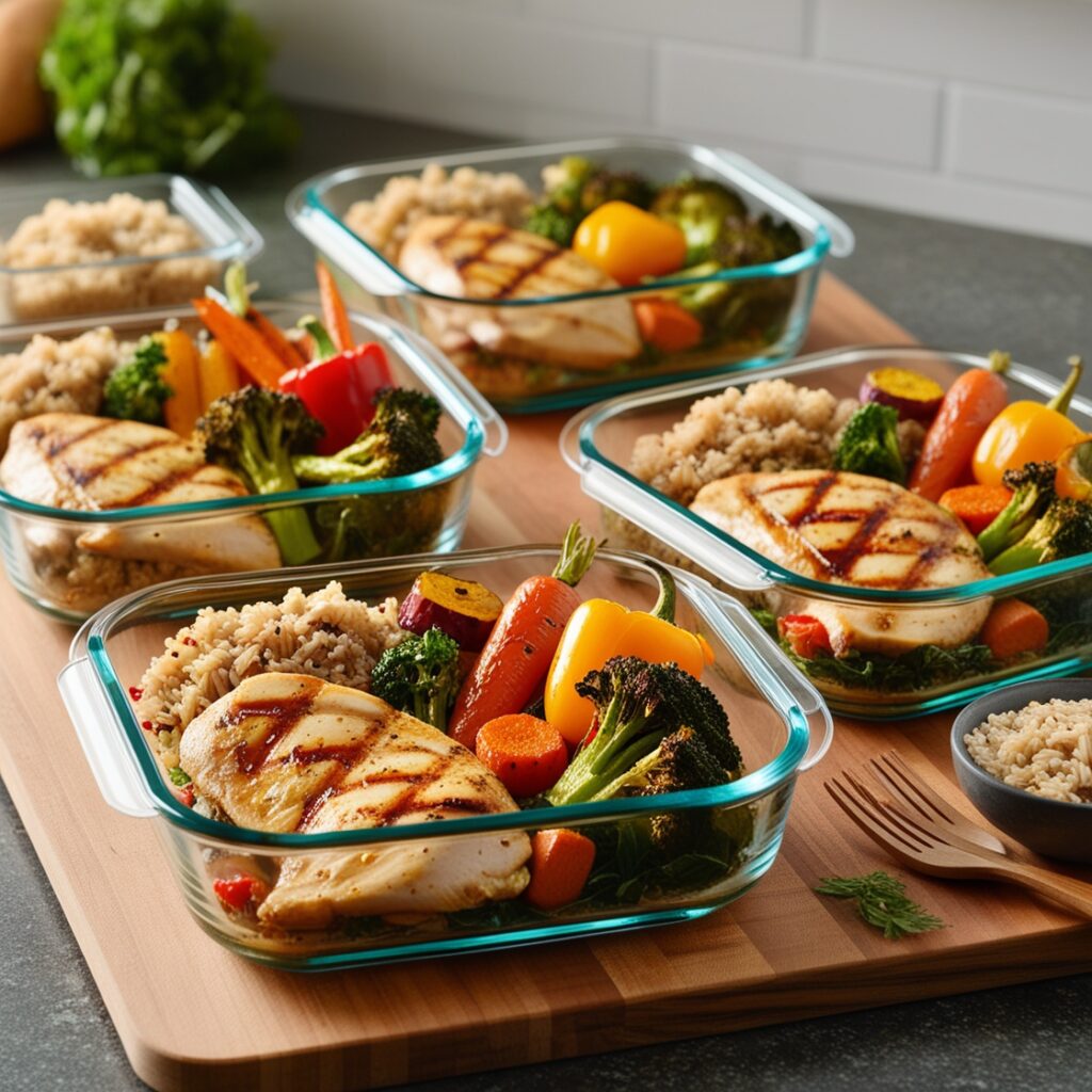 "Healthy, balanced meals in meal prep containers including grilled chicken, vegetables, and whole grains."