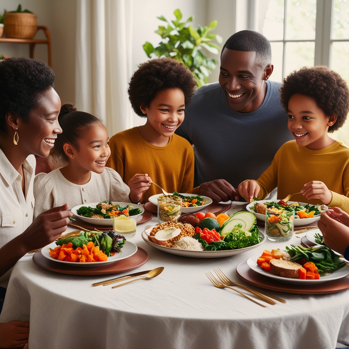 "A family enjoying a meal filled with fresh vegetables and whole grains, showing the benefits of a whole foods diet for well-being."