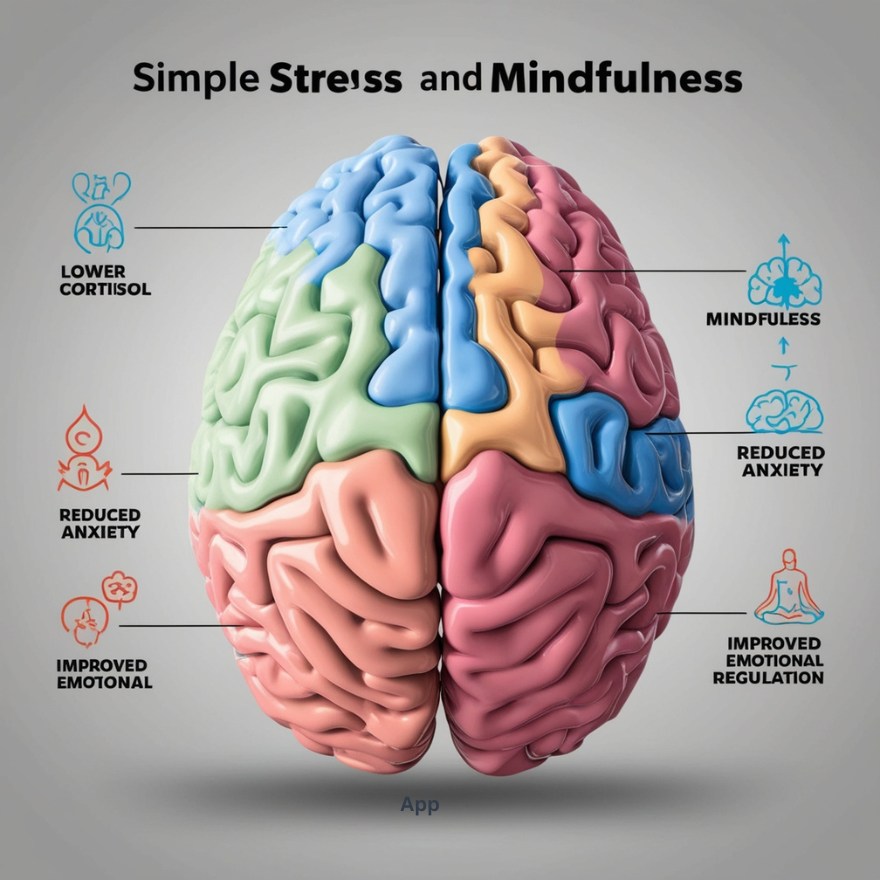  "Infographic highlighting the benefits of mindfulness meditation on stress relief, showing cortisol reduction and emotional regulation."