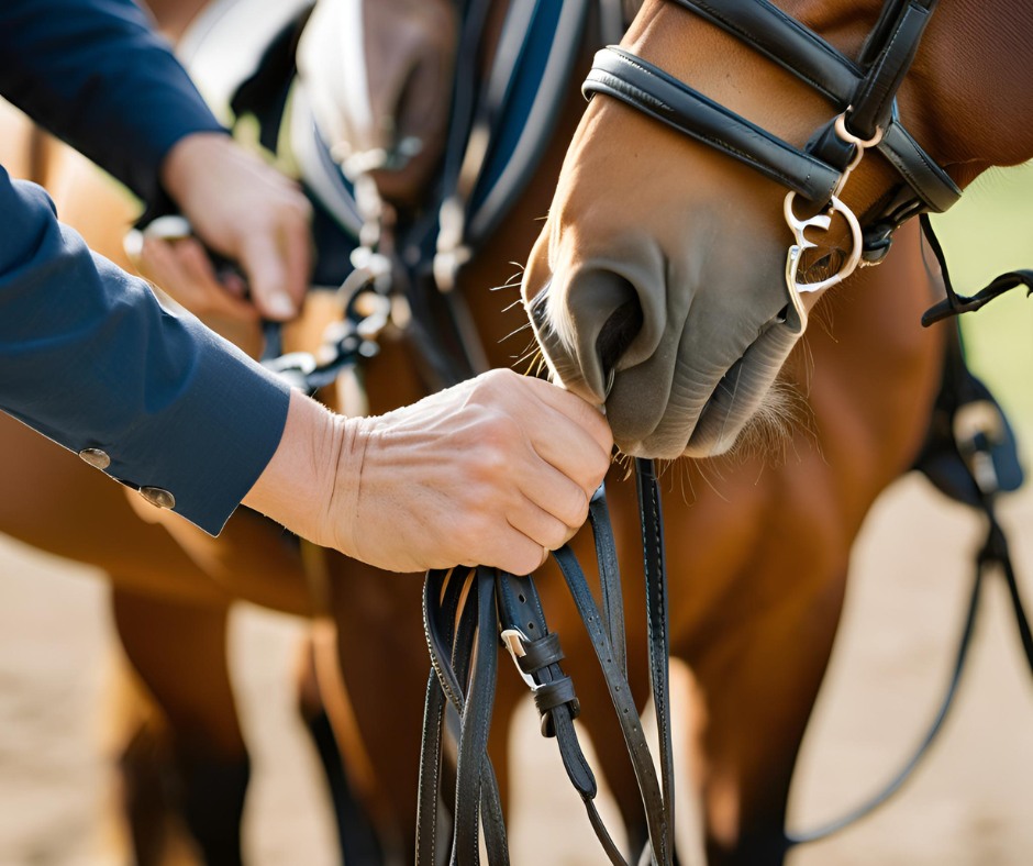 Hands holding horse reins, connection with horse