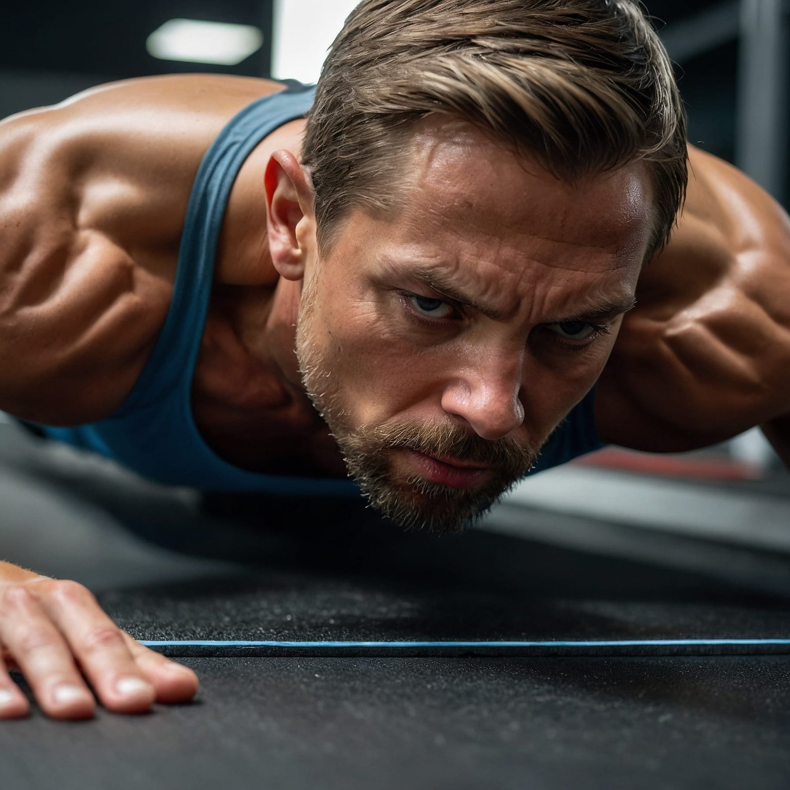 A_hyperrealistic_closeup_of_a_person_in_a_plank position Person performing bodyweight squats at home, showcasing the simplicity of a beginner bodyweight workout routine."