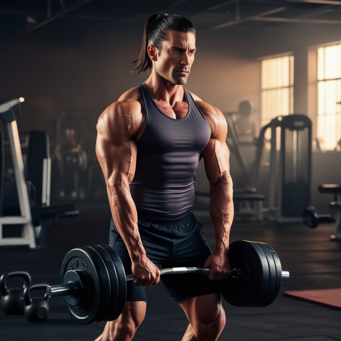 An Asian man with dark hair in a ponytail doing dumbbell exercise with focus, captured in a cinematic shot with dim ambient lighting