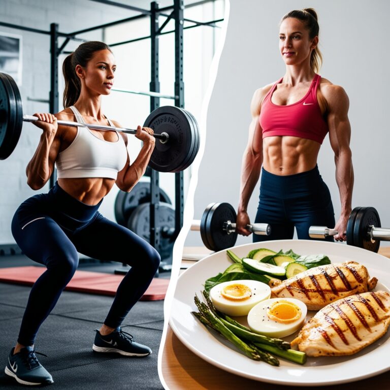 Person performing glute exercises with weights alongside a protein-rich meal, emphasizing nutrition and recovery for glute development.