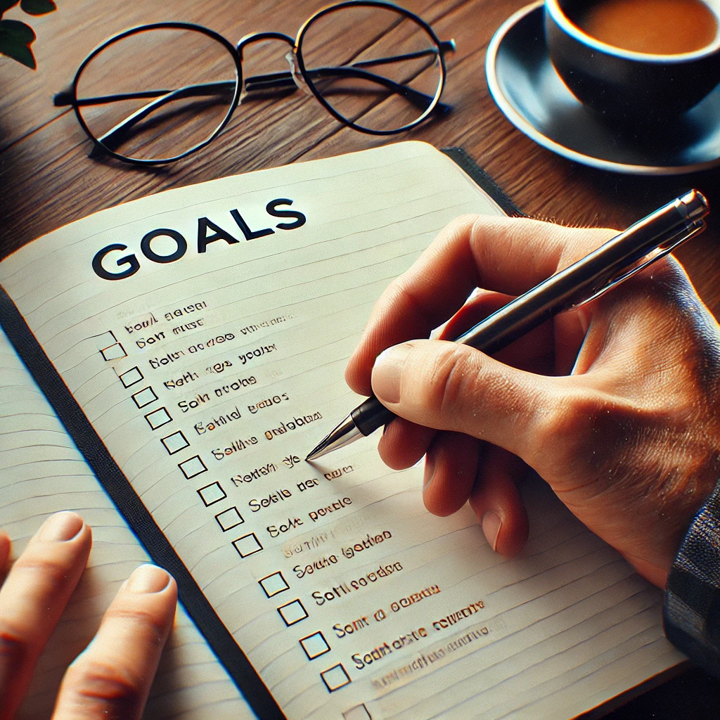 Person writing goals in a journal with productivity tools, emphasizing goal setting and planning."