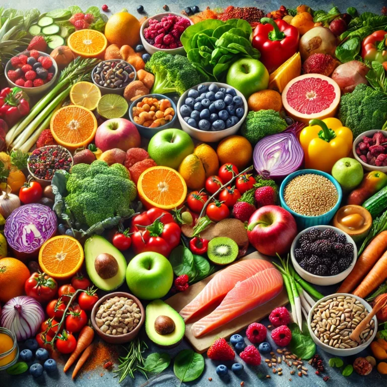 Colorful plate of fruits, vegetables, lean proteins, and whole grains representing a healthy, balanced diet.