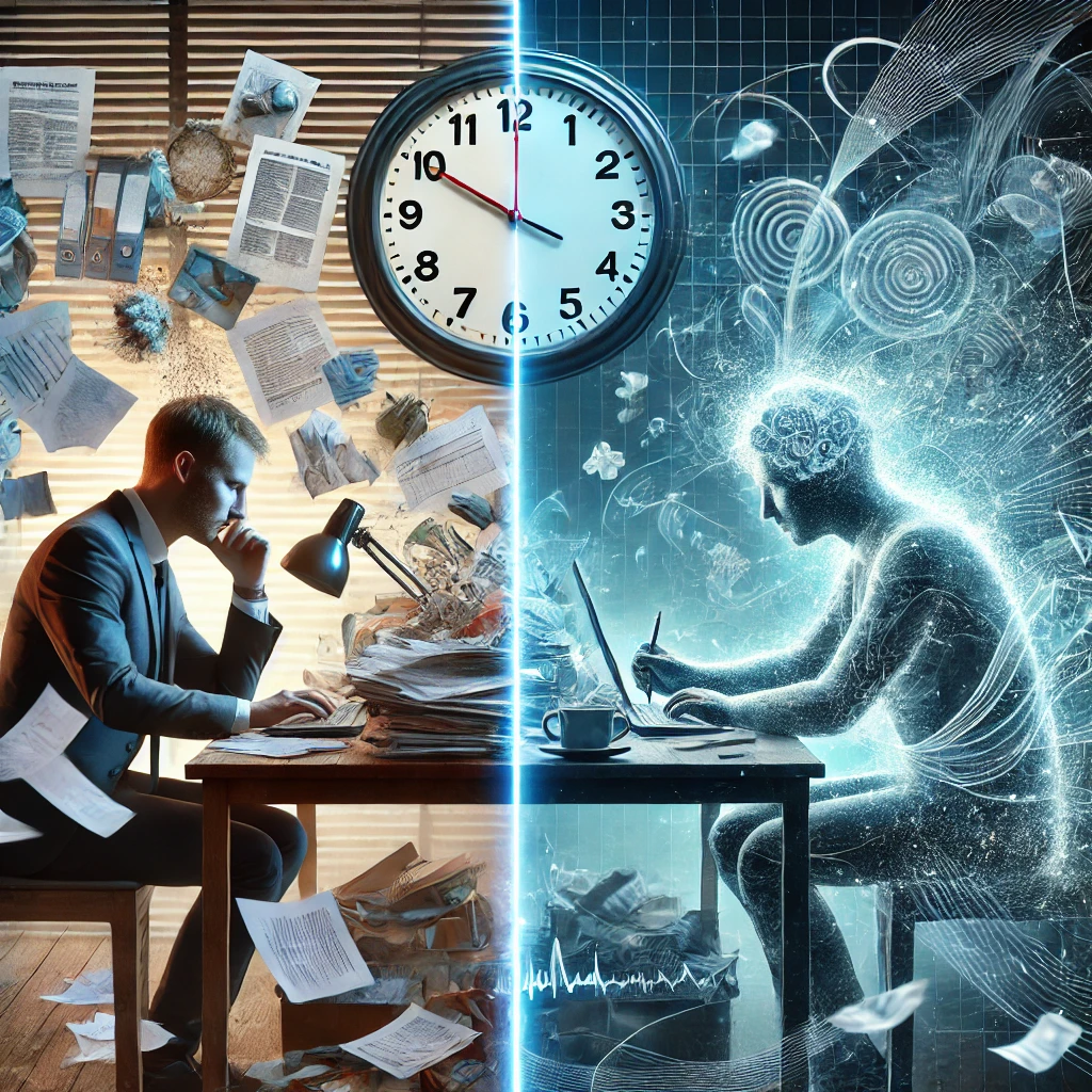 An image depicting the impact of stress on human performance, showing a person at a work desk, visibly overwhelmed with scattered documents, a clock indicating time pressure, and abstract visual elements like swirling lines or brainwaves to represent mental stress. In contrast, a shadow or faded version of the same person is focused, calm, and productive, symbolizing the effect of reduced stress on performance."