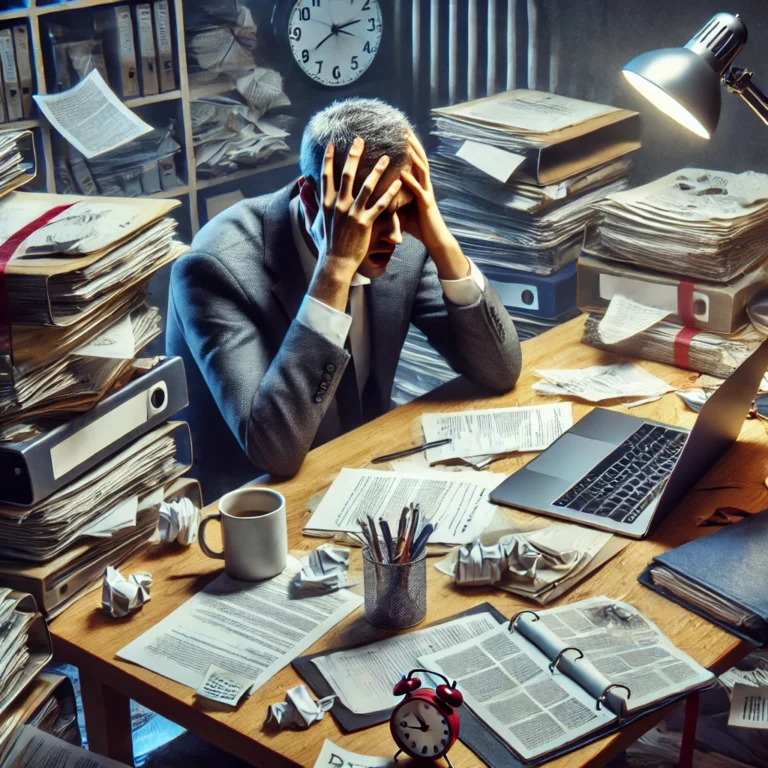 An image of a stressed individual sits at a cluttered desk, overwhelmed by work, highlighting the detrimental effects of stress on productivity.