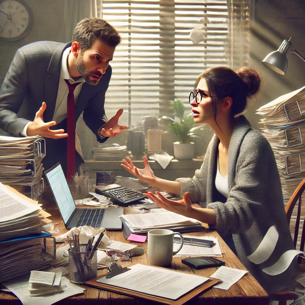 An image of a stressed woman sits at a cluttered desk, overwhelmed by work, and arguing with her boss,highlighting the detrimental effects of stress on productivity. 