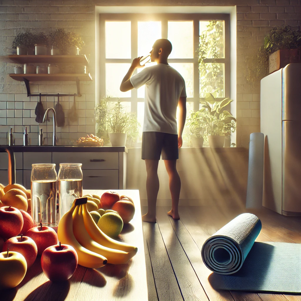 Person practicing healthy habits with water, yoga, and fresh fruits in a sunlit kitchen.