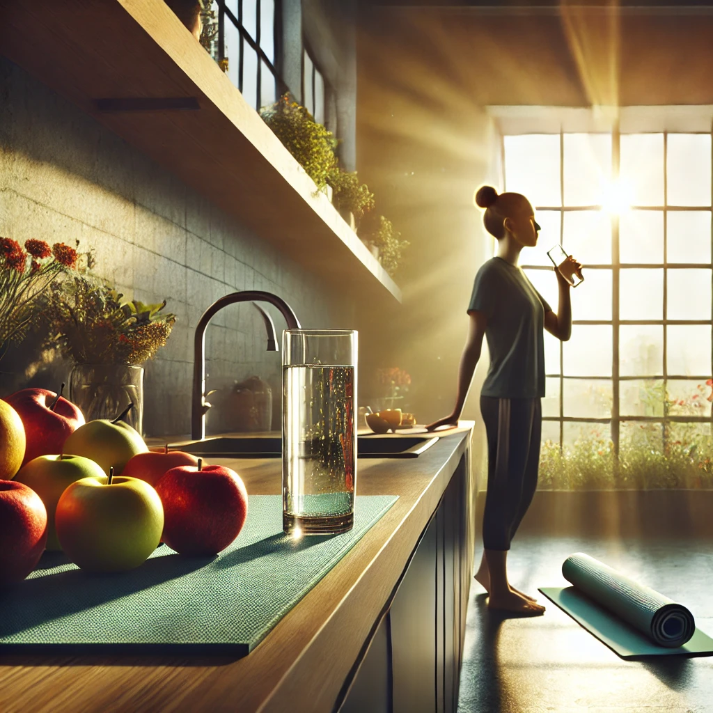 Person practicing healthy habits with water, yoga, and fresh fruits in a sunlit kitchen.