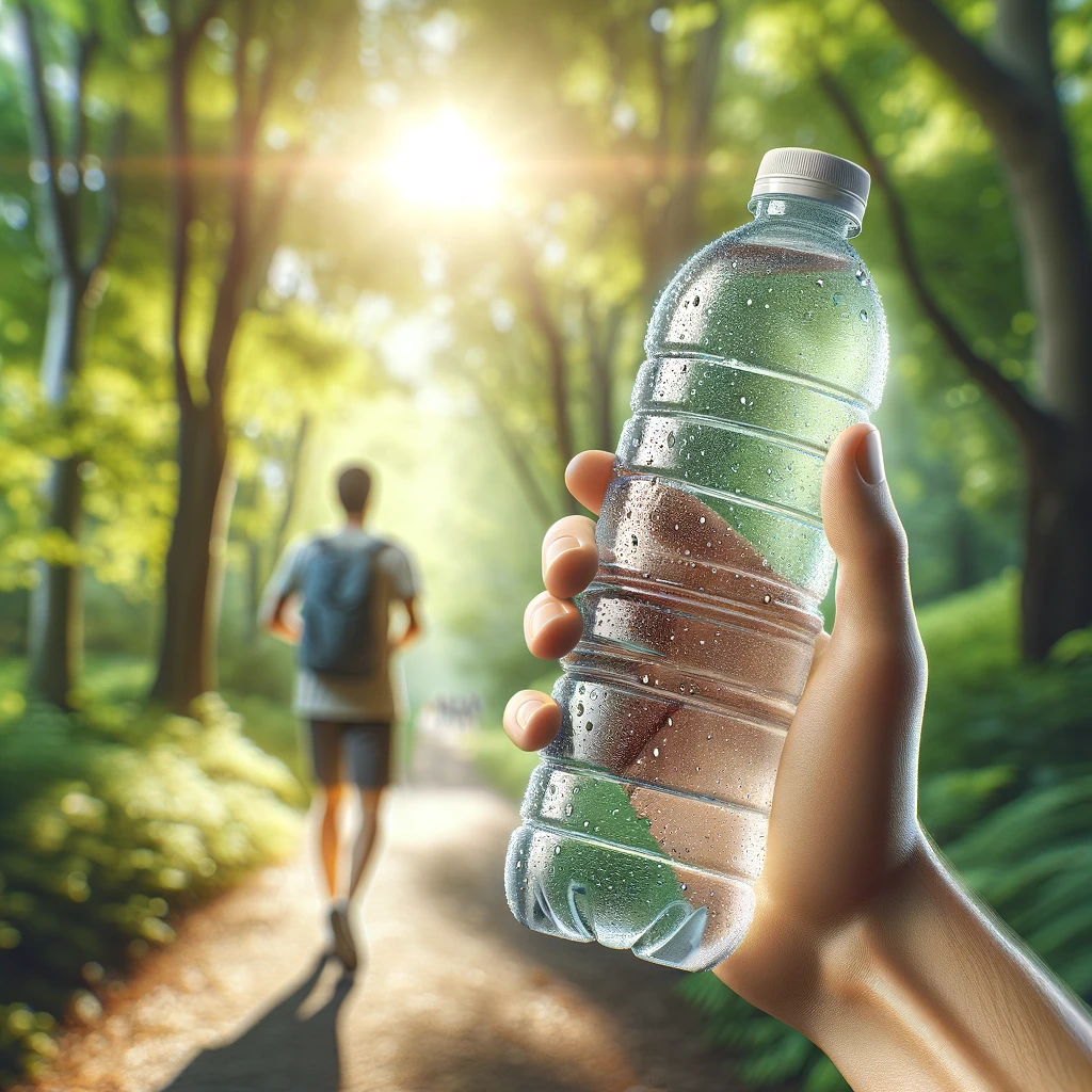 Hand holding a water bottle with a person walking in the background