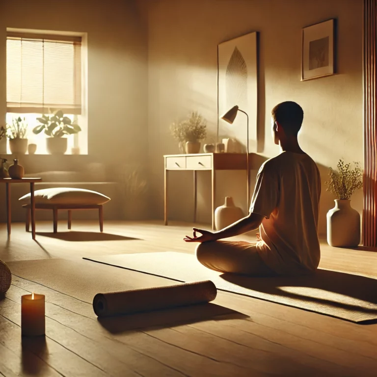 Person practicing yoga in a peaceful studio with soft lighting and a calm atmosphere."