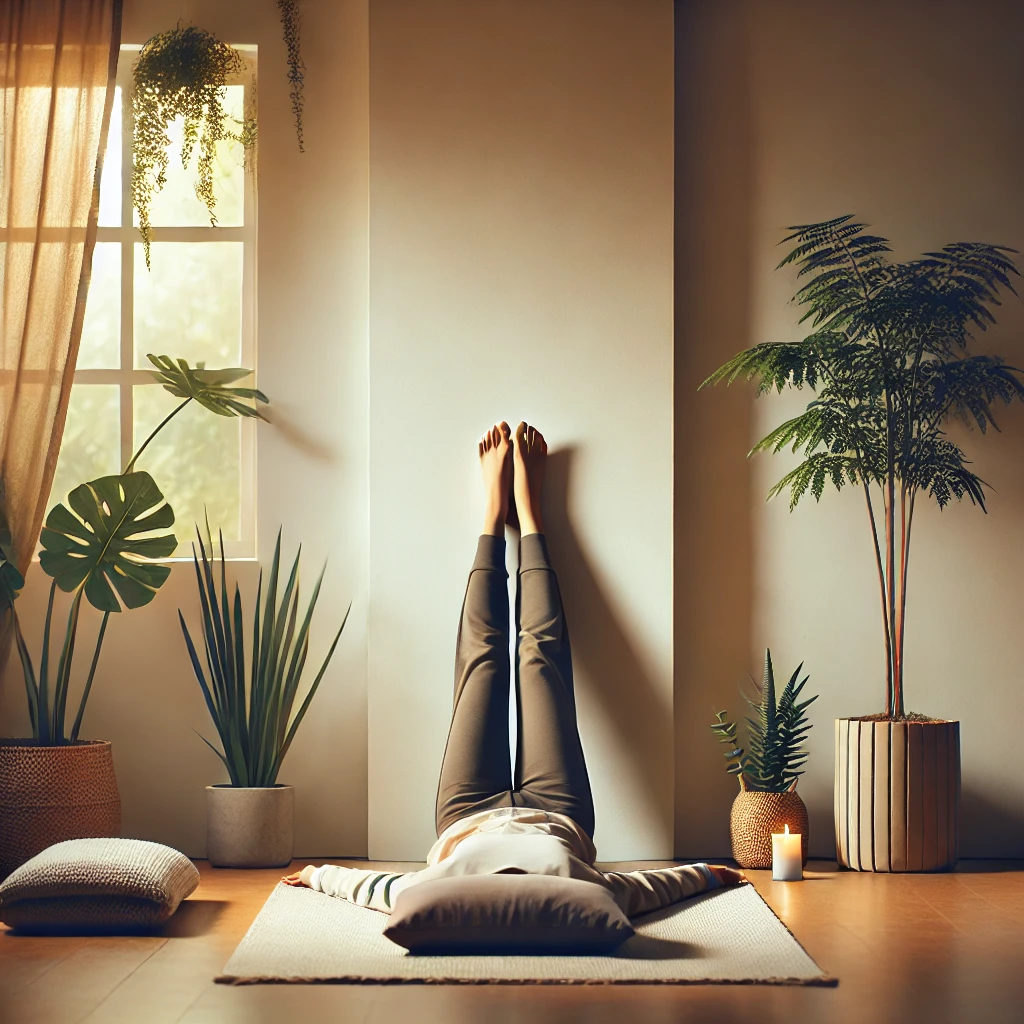 A person lying on their back with their legs resting vertically against a wall, arms at their sides in a serene setting.