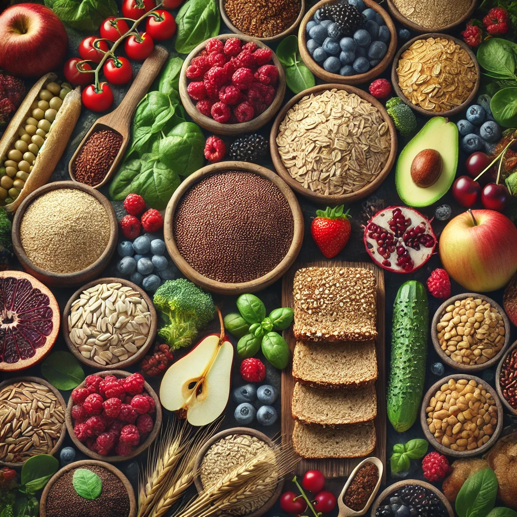 Examples of complex carbohydrates like whole grains, fruits, and vegetables." Description: This image can show examples of complex carbs such as whole grains, leafy greens, and fruits to illustrate the section on carbohydrates.