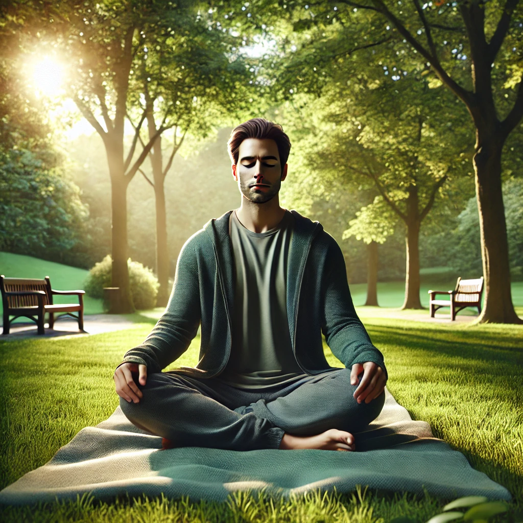 A person practicing mindfulness, such as sitting in meditation, outdoors in a peaceful park.