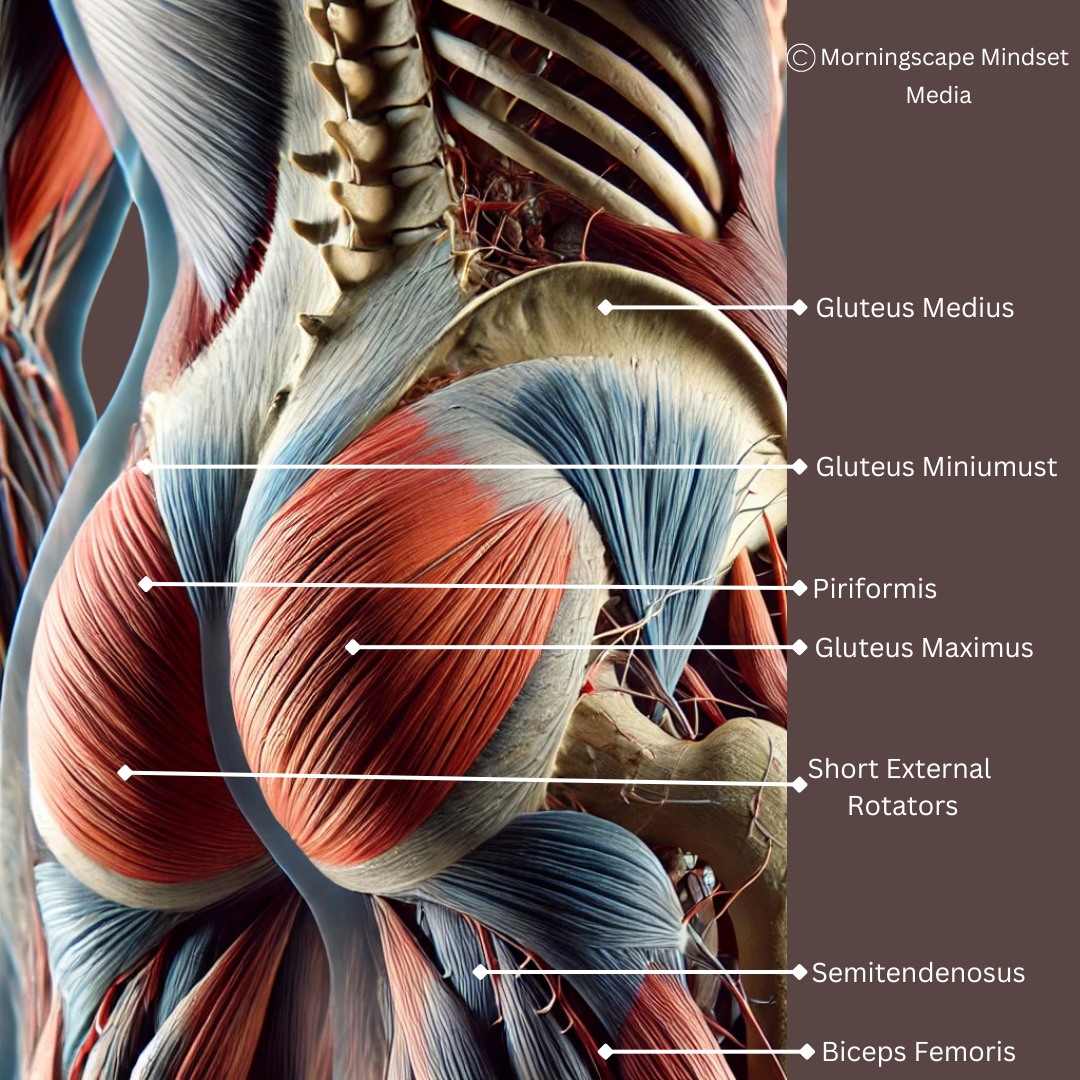 "Anatomical illustration highlighting the gluteus maximus and its role in core stabilization and movement."