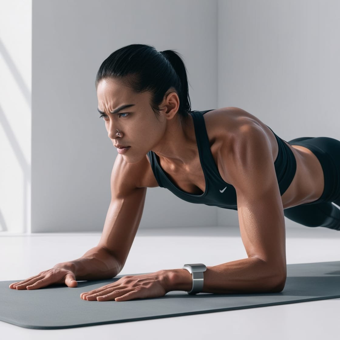 A side view of a person performing a plank or balance exercise "Person performing a plank exercise while focusing on deep breathing, illustrating mindfulness in fitness."