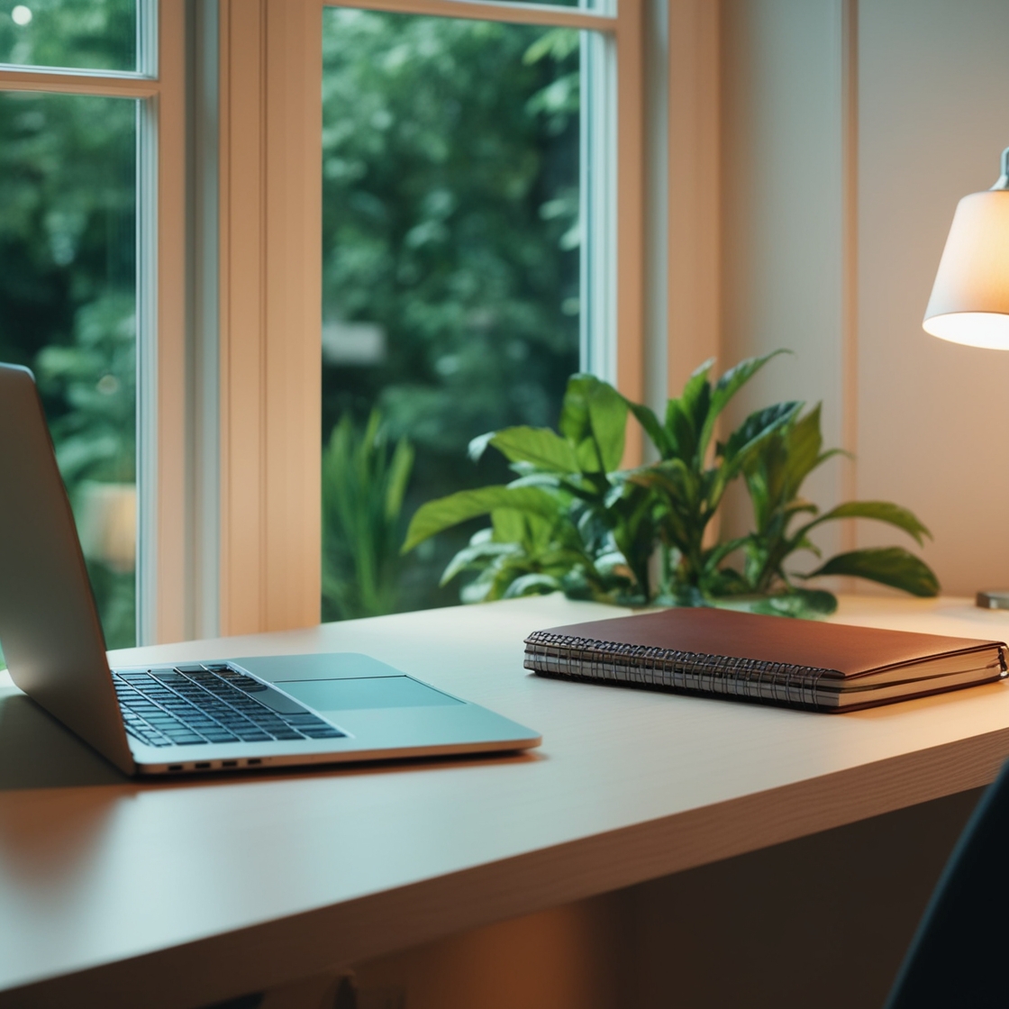 "Calm workspace with natural light, laptop, and notebook, symbolizing a balanced work-life environment."
