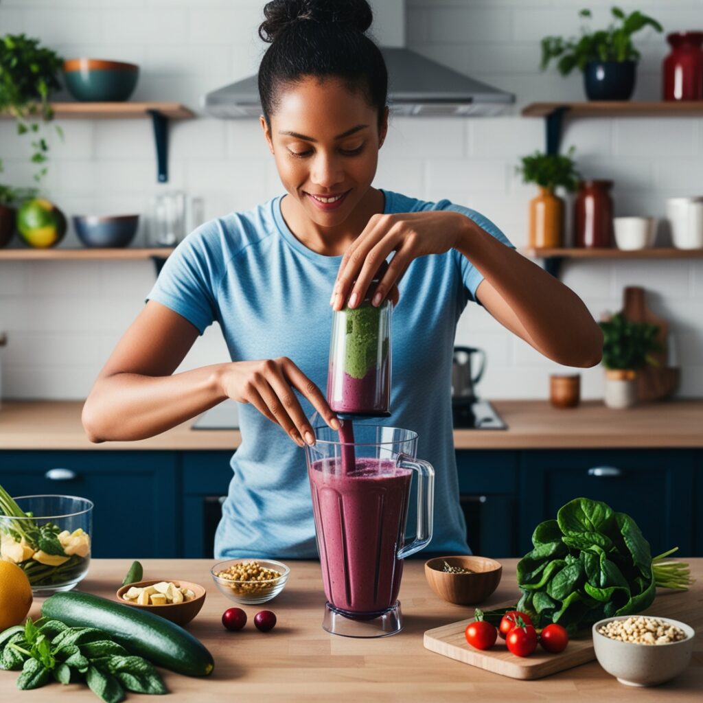 "Person preparing a post-workout smoothie, showcasing the role of nutrition in holistic fitness."