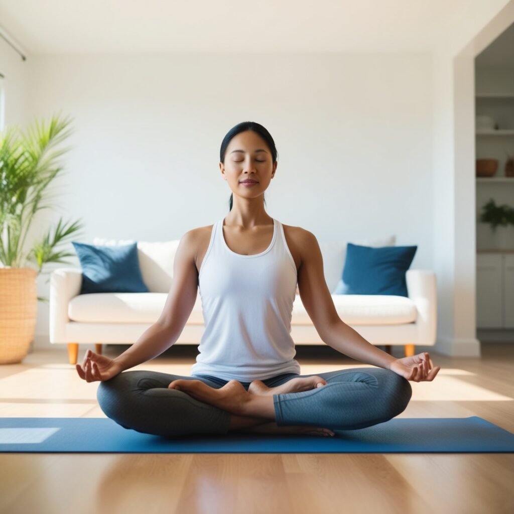 "Person meditating on a yoga mat in a bright room, promoting mindfulness and relaxation to avoid burnout."