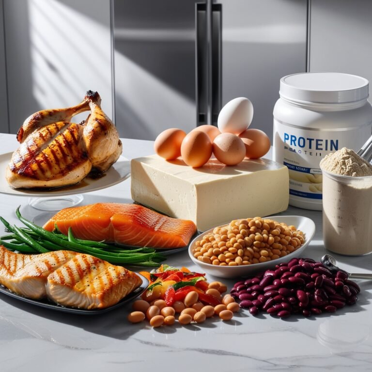 "Selection of high-protein foods including chicken, salmon, eggs, tofu, and protein powder for muscle gain meal plan."