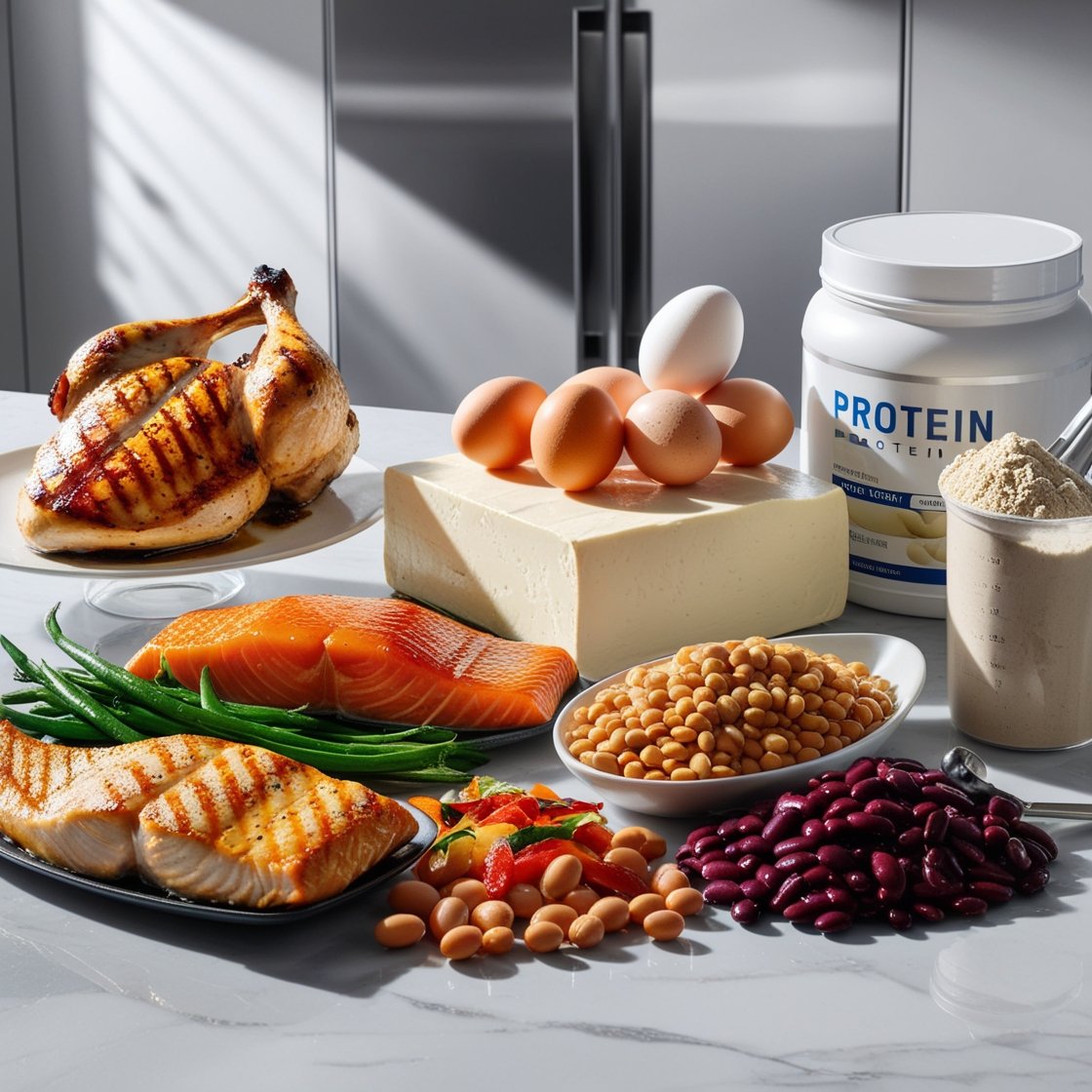 "Selection of high-protein foods including chicken, salmon, eggs, tofu, and protein powder for muscle gain meal plan."