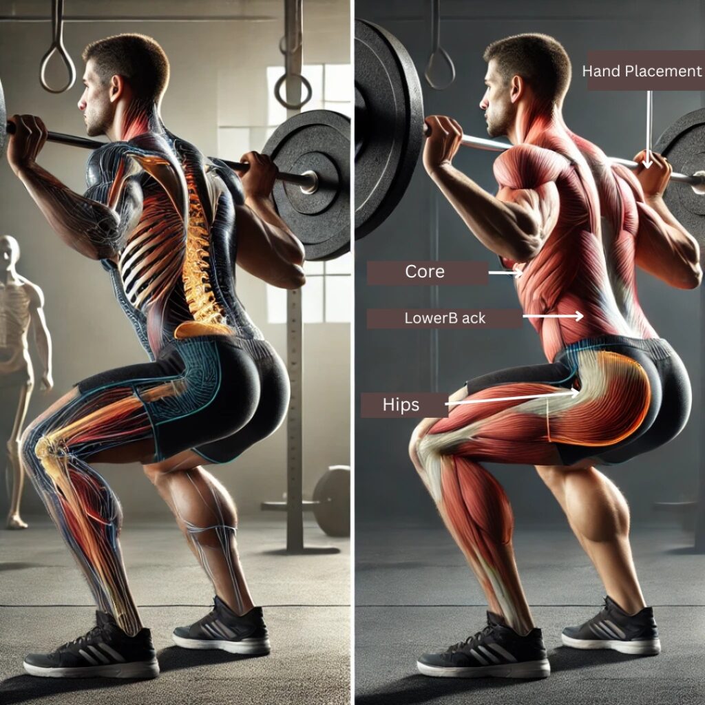 A visual  comparison of proper and improper glute activation in a squat, showing how good form helps support the hips, core, and lower back for injury prevention.