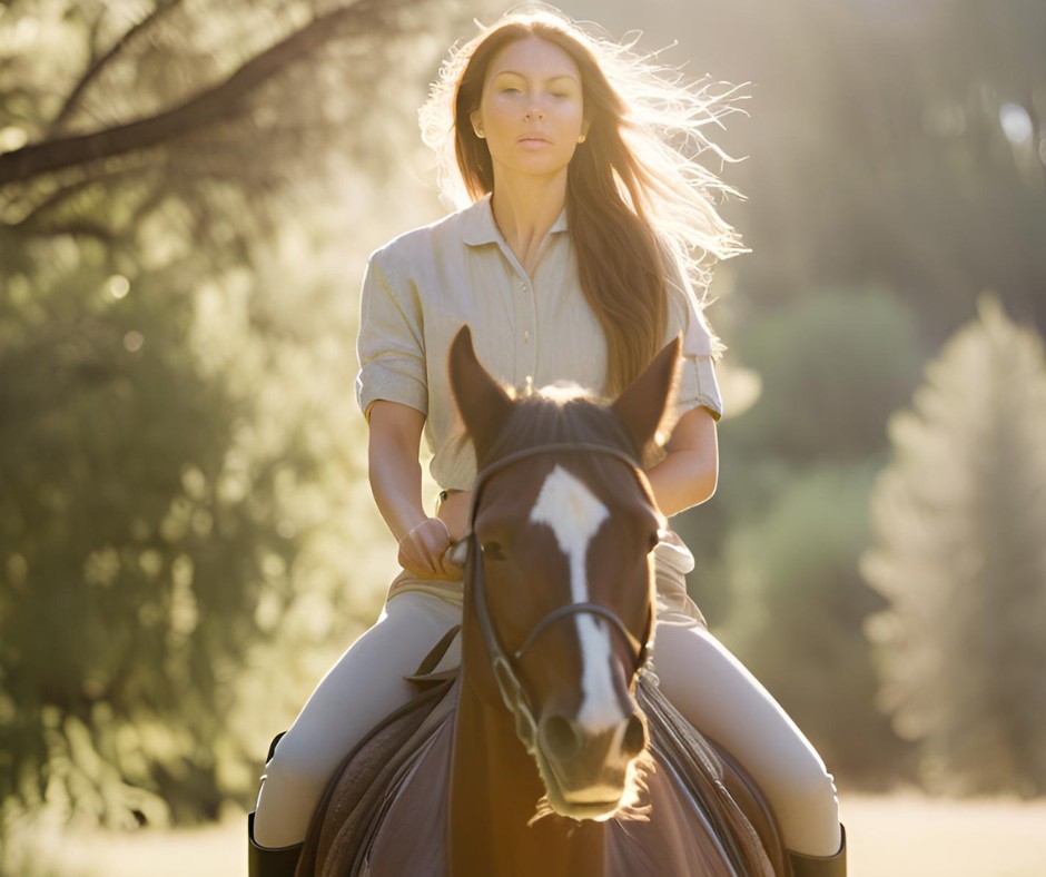  A woman with a serene expression riding a horse through a peaceful meadow with sunlight filtering through the trees. 