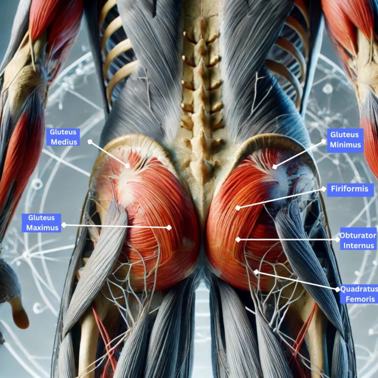 A hyper realistic image of a detailed anatomical image showing the gluteus maximus and surrounding muscles, emphasizing its importance in core stabilization and functional movement with a draw an arrow to point out the glutes parts and glutes parts name.