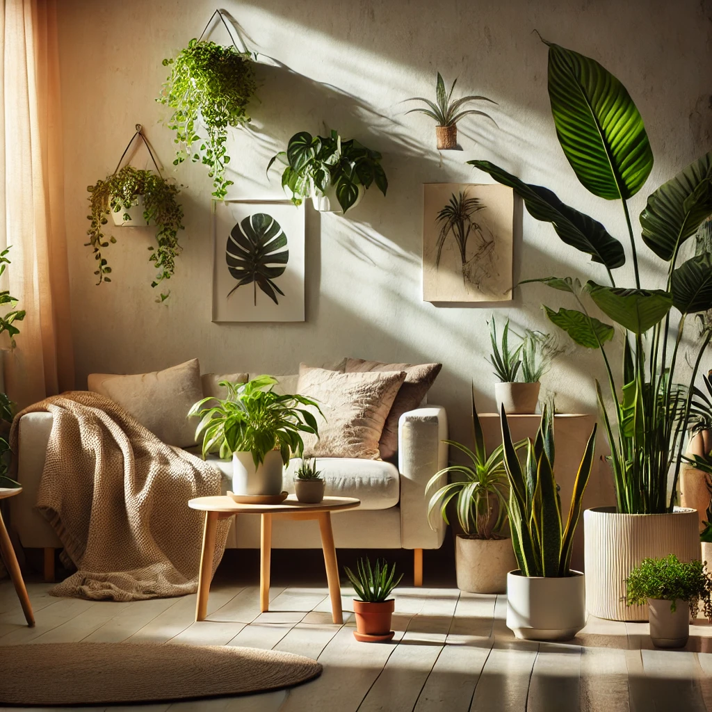 Cozy living room with various indoor plants under natural sunlight, promoting relaxation and mental well-being.